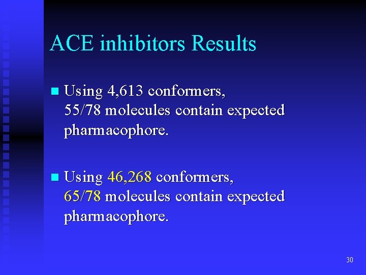 ACE inhibitors Results n Using 4, 613 conformers, 55/78 molecules contain expected pharmacophore. n
