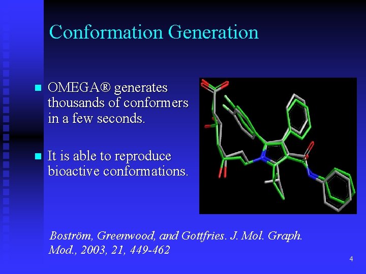 Conformation Generation n OMEGA® generates thousands of conformers in a few seconds. n It