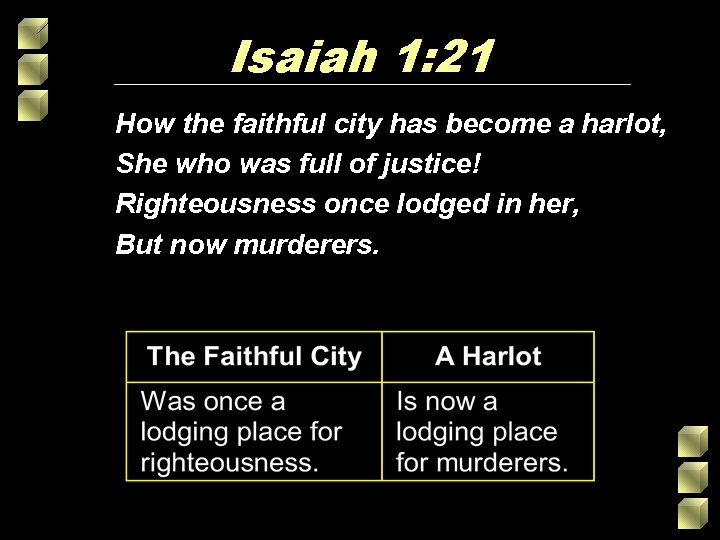 Isaiah 1: 21 How the faithful city has become a harlot, She who was Isaiah 1: 21 How the faithful city has become a harlot, She who was