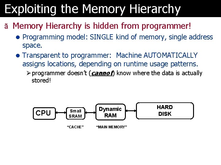 Exploiting the Memory Hierarchy ã Memory Hierarchy is hidden from programmer! l Programming model: