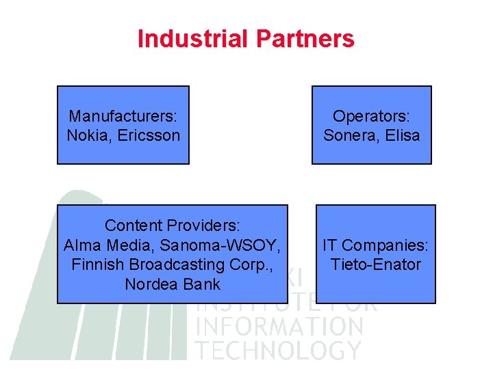 Industrial Partners Manufacturers: Nokia, Ericsson Operators: Sonera, Elisa Content Providers: Alma Media, Sanoma-WSOY, Finnish