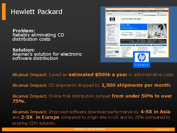 Hewlett Packard Problem: Reliably eliminating CD distribution costs Solution: Akamai’s solution for electronic software
