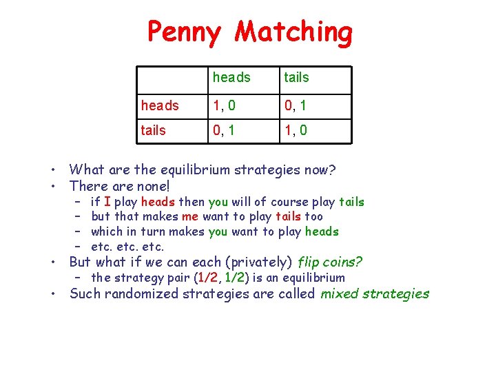 Penny Matching heads tails heads 1, 0 0, 1 tails 0, 1 1, 0