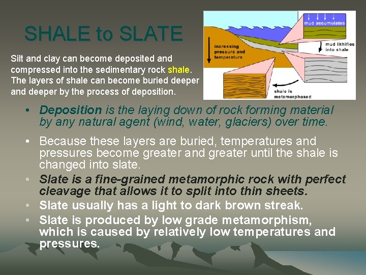 SHALE to SLATE Silt and clay can become deposited and compressed into the sedimentary