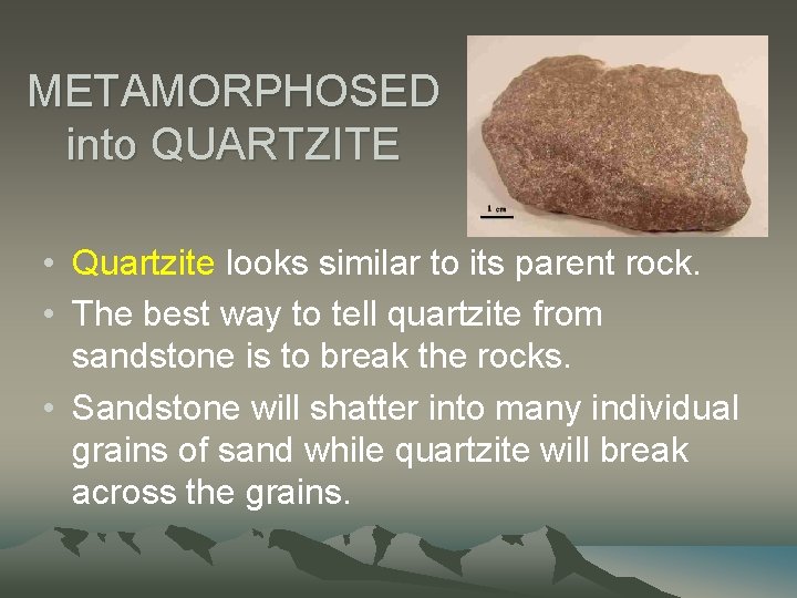 METAMORPHOSED into QUARTZITE • Quartzite looks similar to its parent rock. • The best