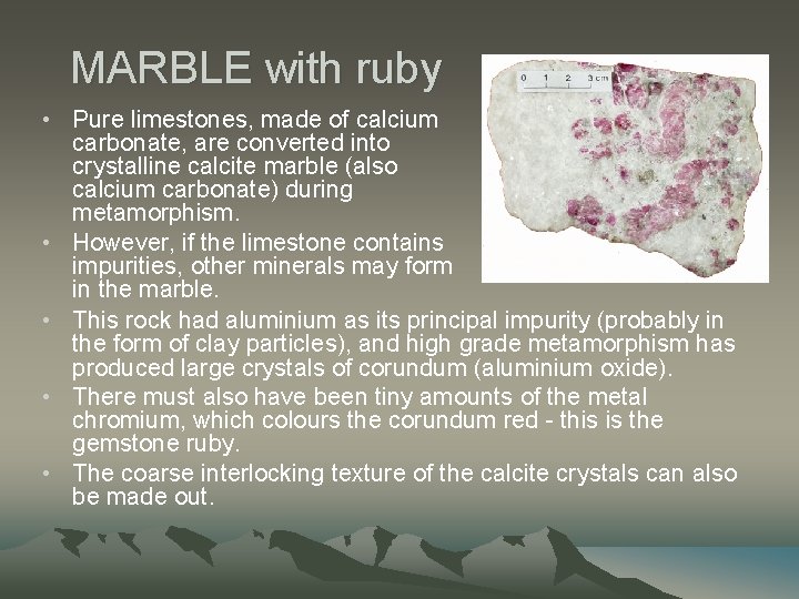 MARBLE with ruby • Pure limestones, made of calcium carbonate, are converted into crystalline