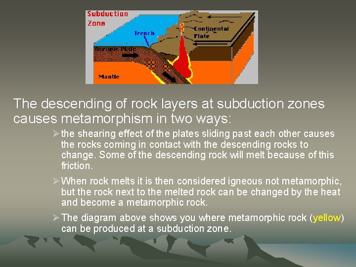The descending of rock layers at subduction zones causes metamorphism in two ways: Ø
