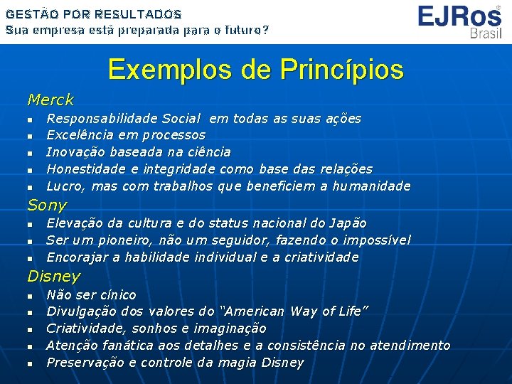 GESTÃO POR RESULTADOS Sua empresa está preparada para o futuro? Exemplos de Princípios Merck