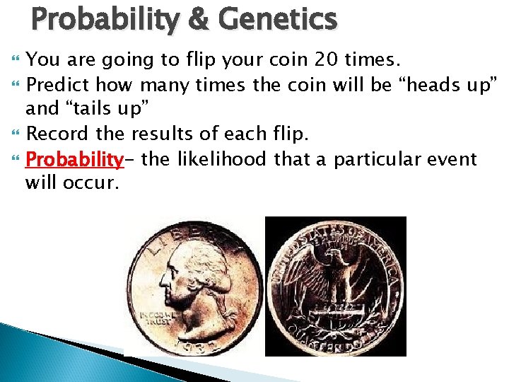 Probability & Genetics You are going to flip your coin 20 times. Predict how