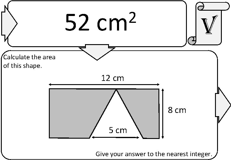 52 2 cm v Calculate the area of this shape. 12 cm 8 cm