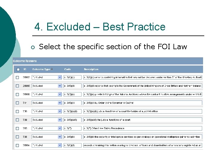 4. Excluded – Best Practice ¡ Select the specific section of the FOI Law 4. Excluded – Best Practice ¡ Select the specific section of the FOI Law