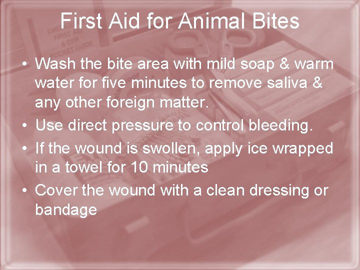 First Aid for Animal Bites • Wash the bite area with mild soap &