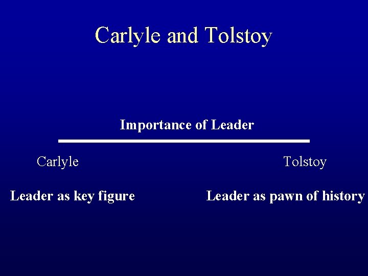 Carlyle and Tolstoy Importance of Leader Carlyle Leader as key figure Tolstoy Leader as