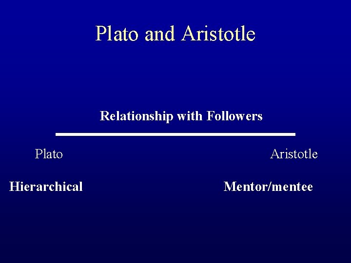 Plato and Aristotle Relationship with Followers Plato Hierarchical Aristotle Mentor/mentee 