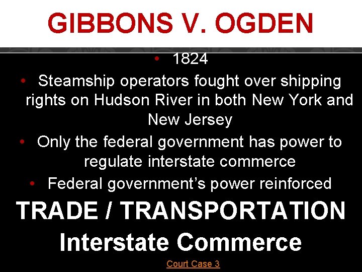 GIBBONS V. OGDEN • 1824 • Steamship operators fought over shipping rights on Hudson