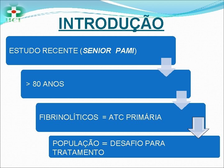 INTRODUÇÃO ESTUDO RECENTE (SENIOR PAMI) > 80 ANOS FIBRINOLÍTICOS = ATC PRIMÁRIA POPULAÇÃO =