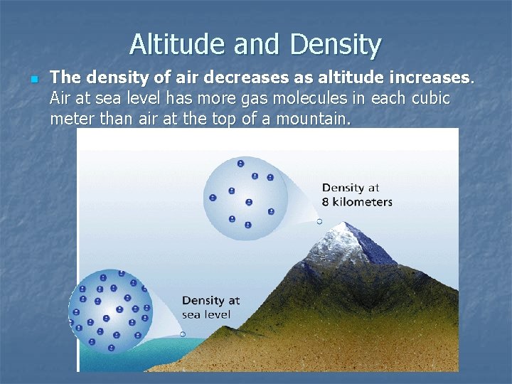 Altitude and Density n The density of air decreases as altitude increases. Air at