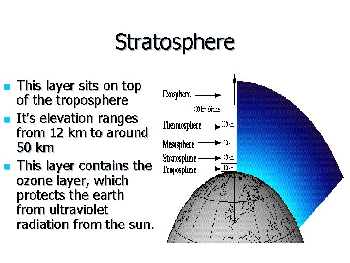 Stratosphere n n n This layer sits on top of the troposphere It’s elevation