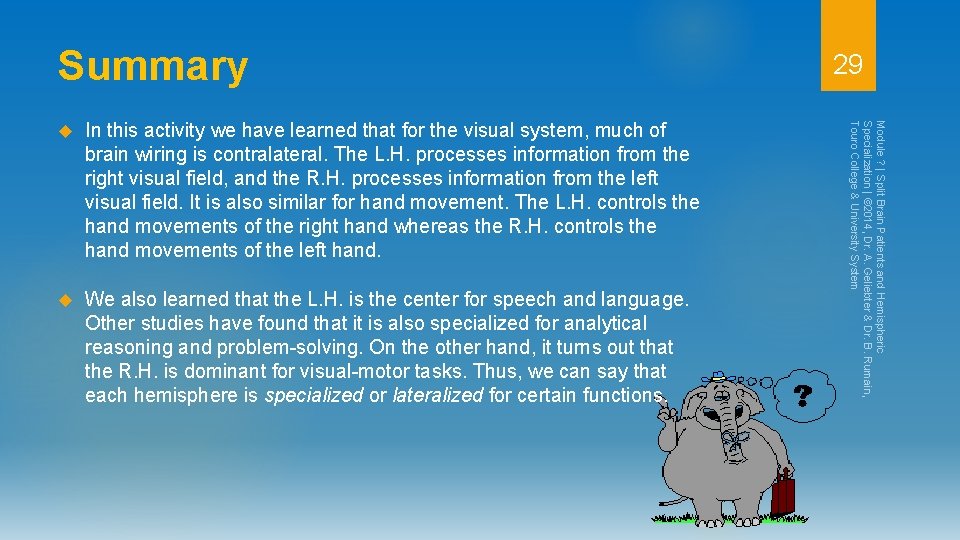 Summary In this activity we have learned that for the visual system, much of