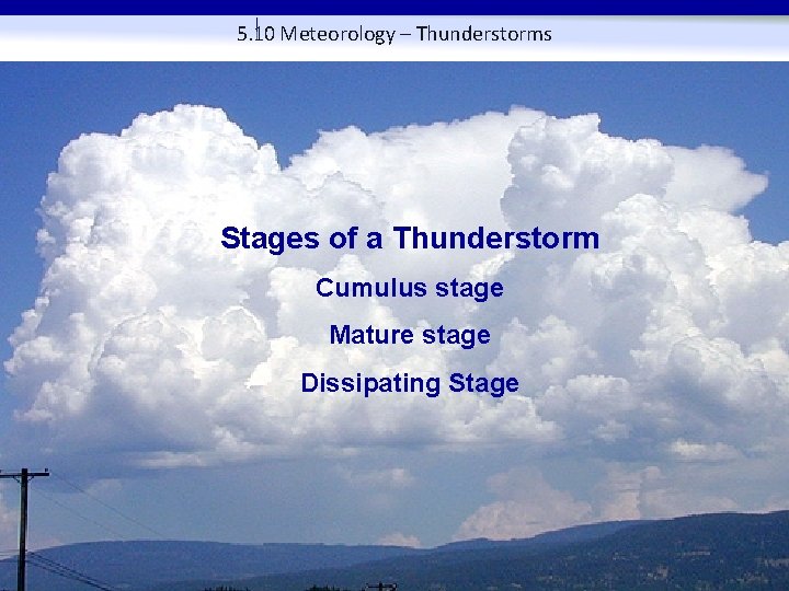 5. 10 Meteorology – Thunderstorms Stages of a Thunderstorm Cumulus stage Mature stage Dissipating