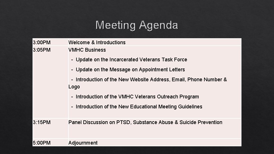 Meeting Agenda 3: 00 PM 3: 05 PM Welcome & Introductions VMHC Business -