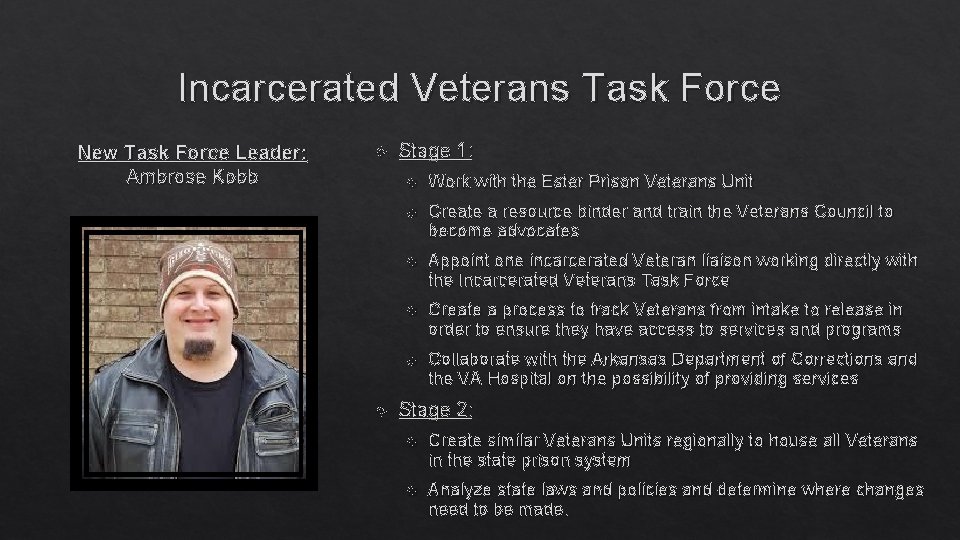 Incarcerated Veterans Task Force New Task Force Leader: Ambrose Kobb Stage 1: Work with