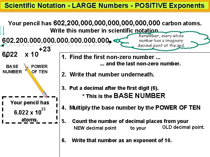 Scientific Notation - LARGE Numbers - POSITIVE Exponents Your pencil has 602, 200, 000,