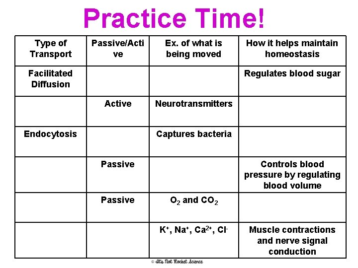 Practice Time! Type of Transport Passive/Acti ve Ex. of what is being moved Facilitated
