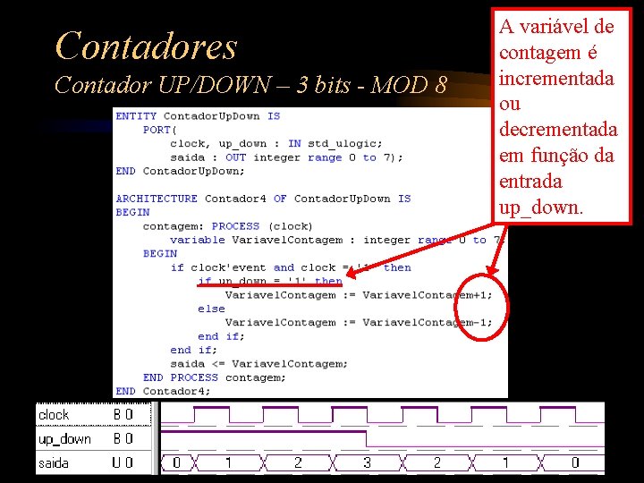 Contadores Contador UP/DOWN – 3 bits - MOD 8 A variável de contagem é