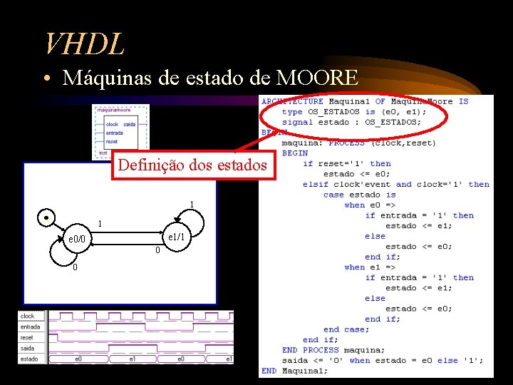 VHDL • Máquinas de estado de MOORE Definição dos estados 1 1 e 1/1