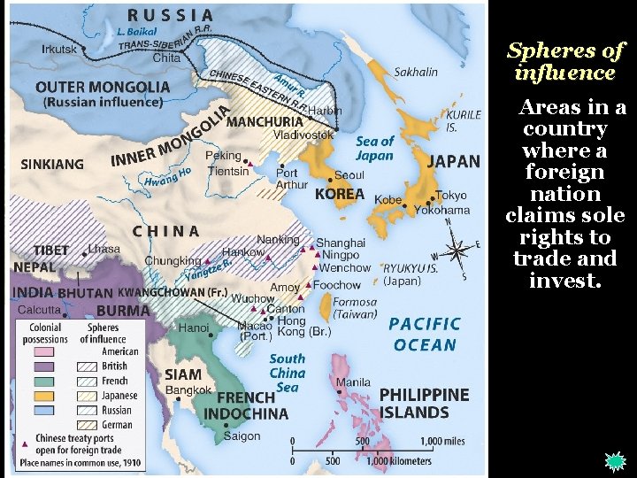 Spheres of influence Areas in a country where a foreign nation claims sole rights