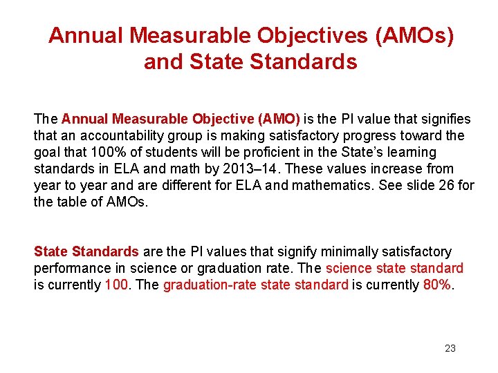 Annual Measurable Objectives (AMOs) and State Standards The Annual Measurable Objective (AMO) is the