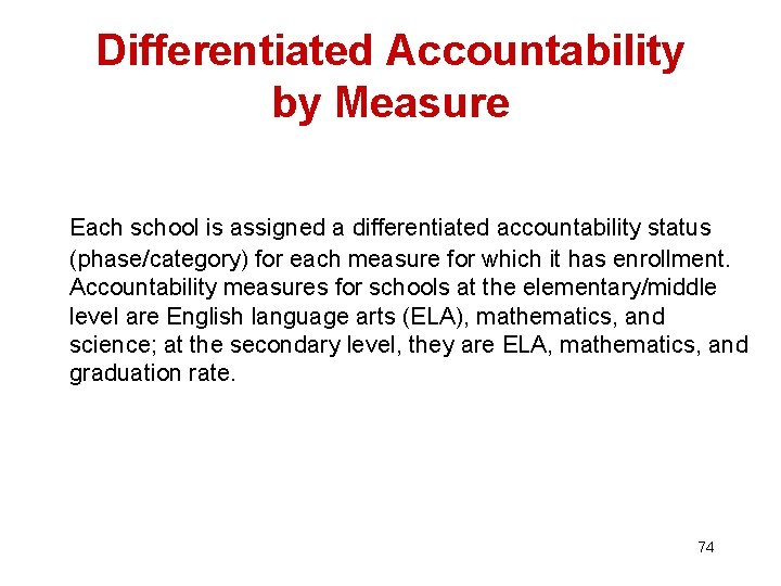 Differentiated Accountability by Measure Each school is assigned a differentiated accountability status (phase/category) for