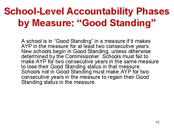 School-Level Accountability Phases by Measure: “Good Standing” A school is in “Good Standing” in