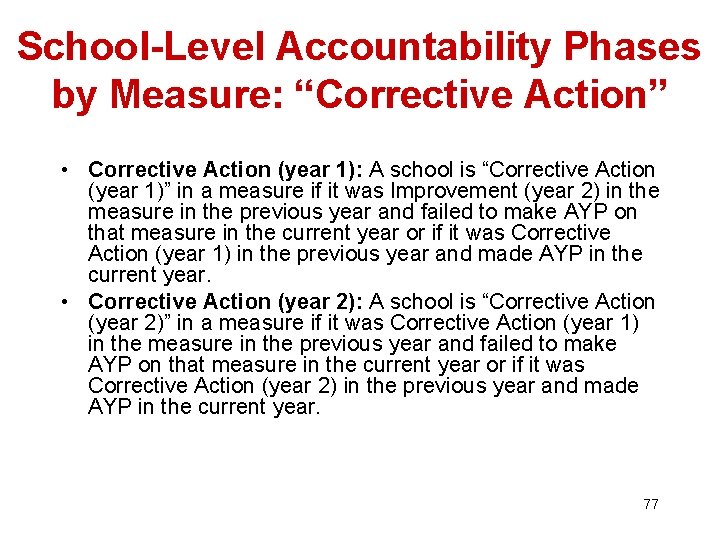 School-Level Accountability Phases by Measure: “Corrective Action” • Corrective Action (year 1): A school