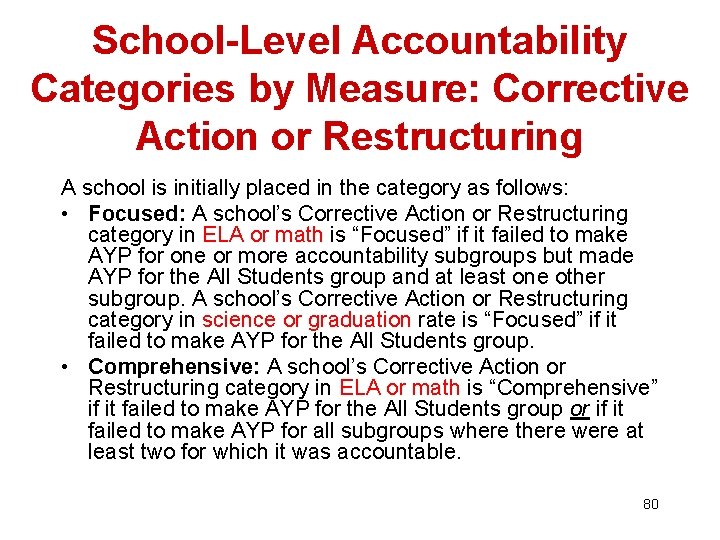 School-Level Accountability Categories by Measure: Corrective Action or Restructuring A school is initially placed