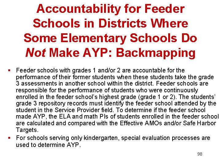 Accountability for Feeder Schools in Districts Where Some Elementary Schools Do Not Make AYP: