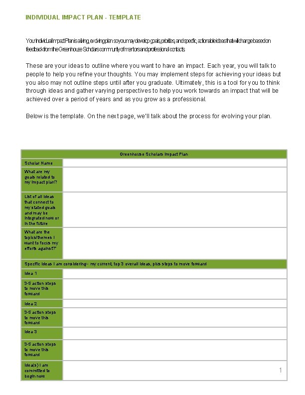 INDIVIDUAL IMPACT PLAN - TEMPLATE Your. Individual. Impact. Planisaliving, evolvingplansoyoumaydevelopgoals, priorities, andspecific, actionableideasthatwilchangebasedon feedbackfromthe.