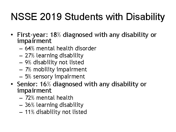 NSSE 2019 Students with Disability • First-year: 18% diagnosed with any disability or impairment