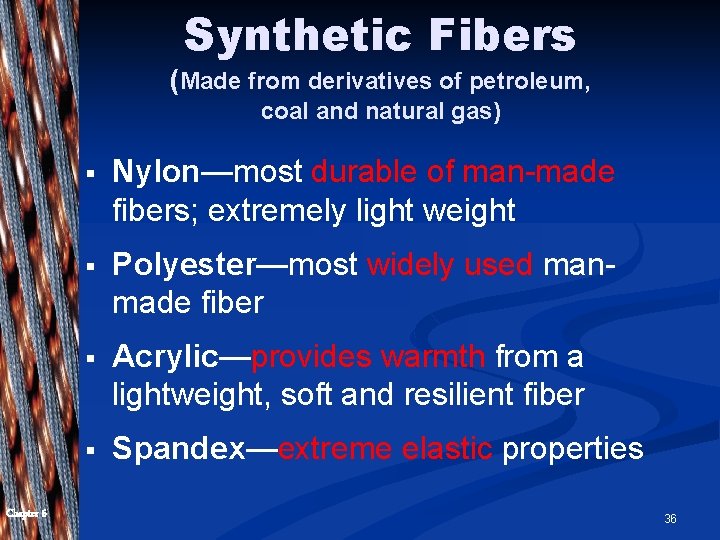 Synthetic Fibers (Made from derivatives of petroleum, coal and natural gas) Chapter 6 §