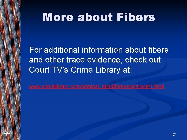More about Fibers For additional information about fibers and other trace evidence, check out