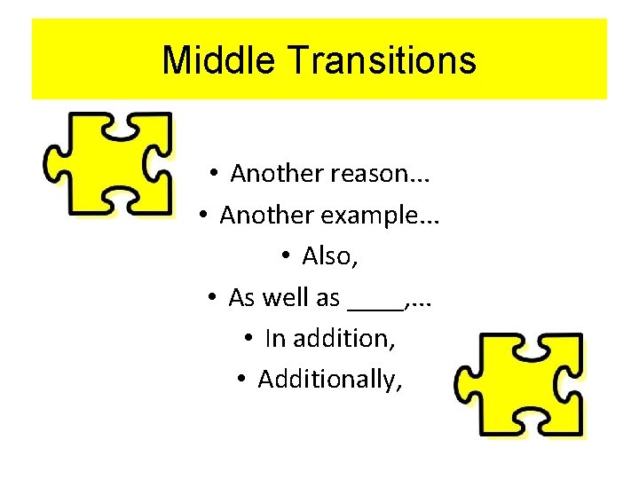 Middle Transitions • Another reason. . . • Another example. . . • Also,