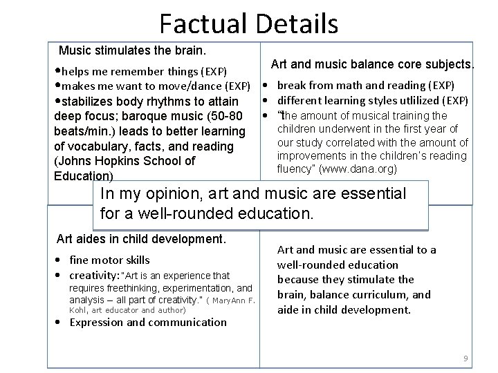 Factual Details Music stimulates the brain. Art and music balance core subjects. • helps