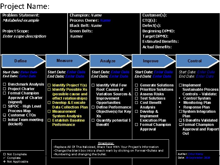 Project Name: Project Scope: Champion: Name Process Owner: Name Black Belt: Name Green Belts: