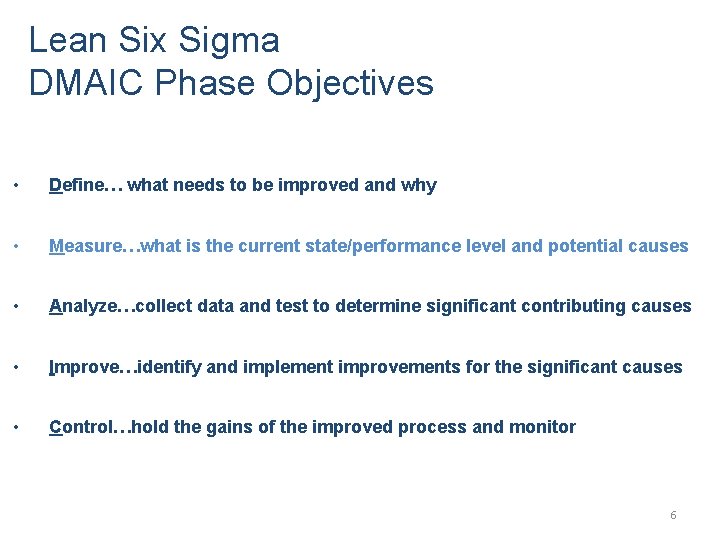 Lean Six Sigma DMAIC Phase Objectives • Define… what needs to be improved and