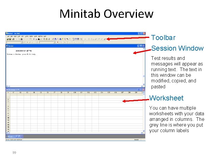 Minitab Overview Toolbar Session Window Test results and messages will appear as running text.