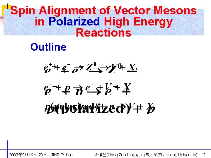 Spin Alignment of Vector Mesons in Polarized High Energy Reactions Outline 2003年 9月16日-20日，JINR Dubna