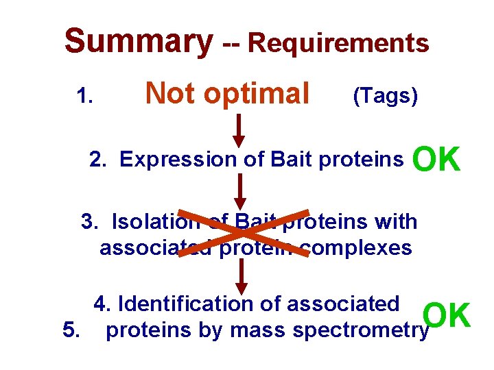 Summary -- Requirements 1. Design Bait proteins (Tags) Notofoptimal 2. Expression of Bait proteins