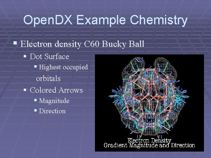 Open. DX Example Chemistry § Electron density C 60 Bucky Ball § Dot Surface