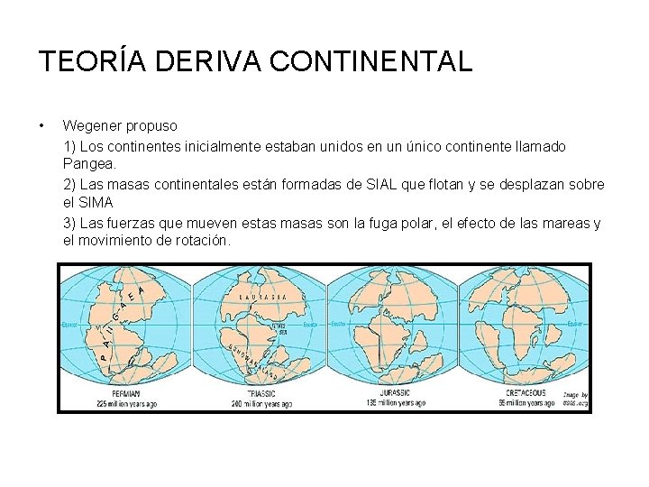 TEORÍA DERIVA CONTINENTAL • Wegener propuso 1) Los continentes inicialmente estaban unidos en un